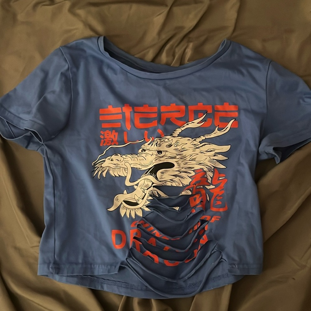 blue women’s cut out dragon cropped t shirt